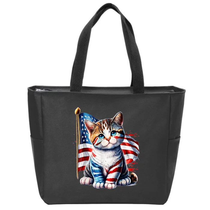 4th Of July Cat Mom American Flag Cat Lover Gift Zip Tote Bag