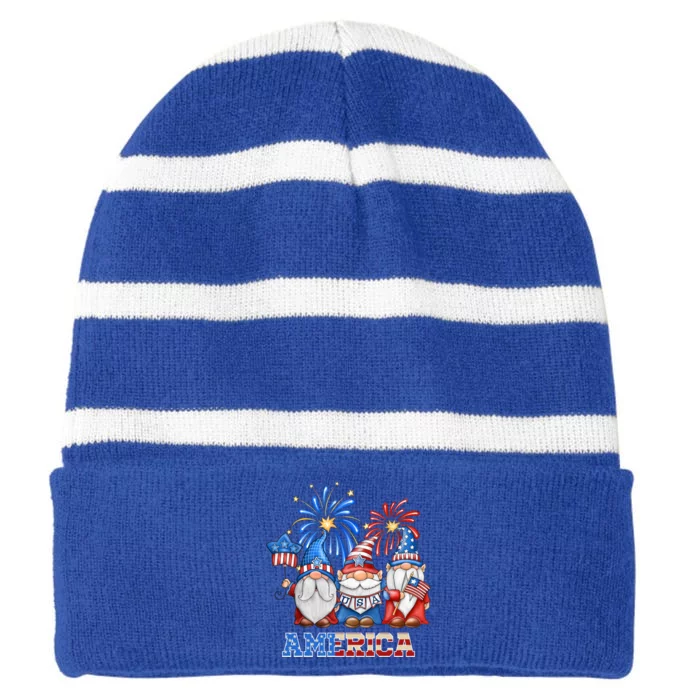 4th Of July American Gnomes Celebrating Independence Day Cute Gift Striped Beanie with Solid Band