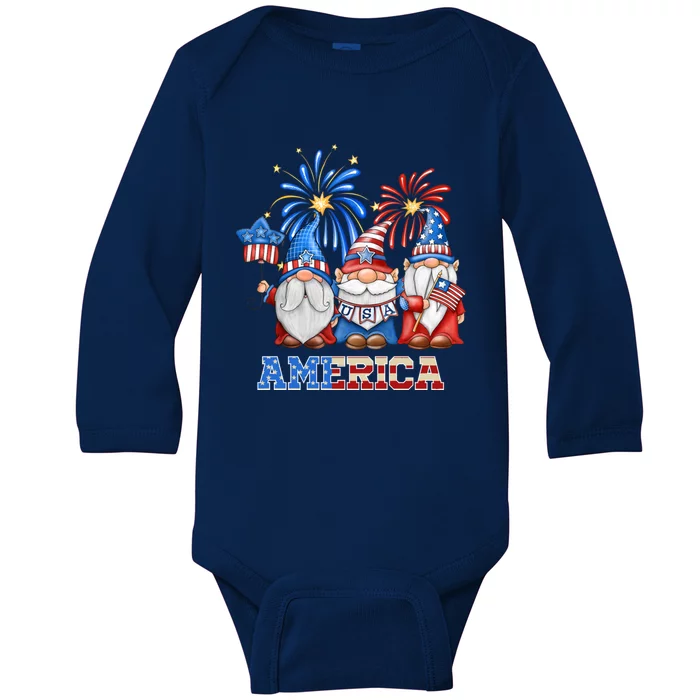 4th Of July American Gnomes Celebrating Independence Day Cute Gift Baby Long Sleeve Bodysuit