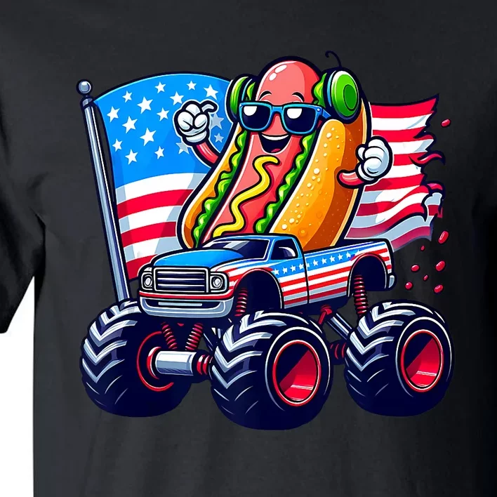 4th Of July Hotdog Sunglasses Monster Truck American Flag Tall T-Shirt