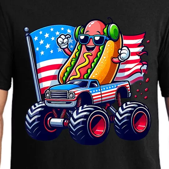 4th Of July Hotdog Sunglasses Monster Truck American Flag Pajama Set