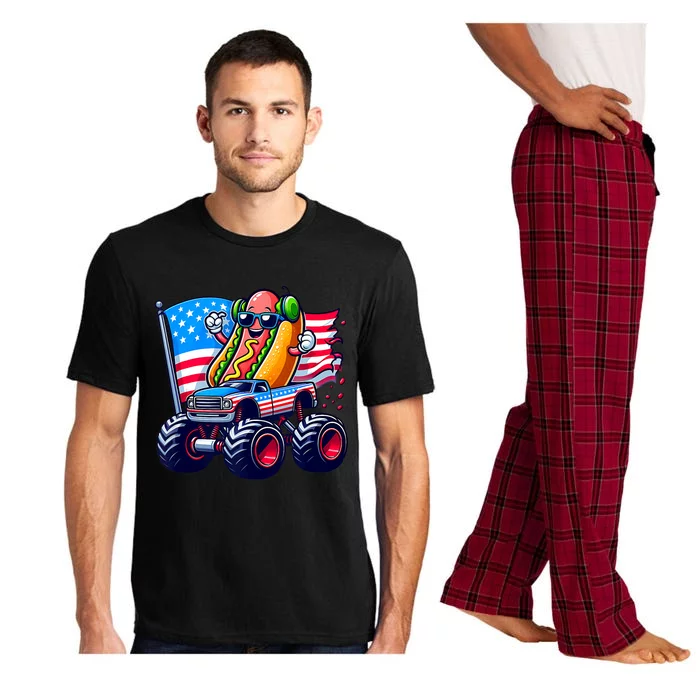 4th Of July Hotdog Sunglasses Monster Truck American Flag Pajama Set