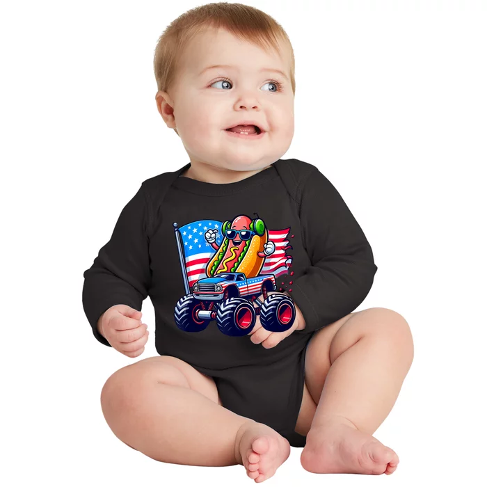 4th Of July Hotdog Sunglasses Monster Truck American Flag Baby Long Sleeve Bodysuit