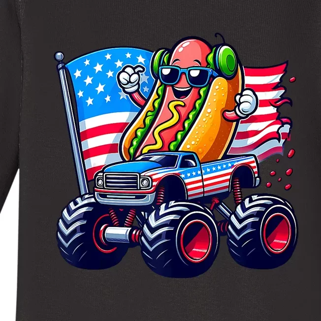 4th Of July Hotdog Sunglasses Monster Truck American Flag Baby Long Sleeve Bodysuit