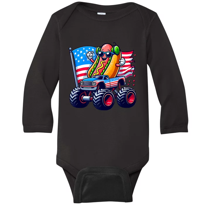 4th Of July Hotdog Sunglasses Monster Truck American Flag Baby Long Sleeve Bodysuit