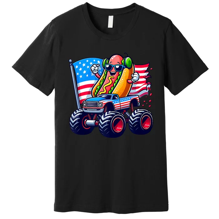 4th Of July Hotdog Sunglasses Monster Truck American Flag Premium T-Shirt