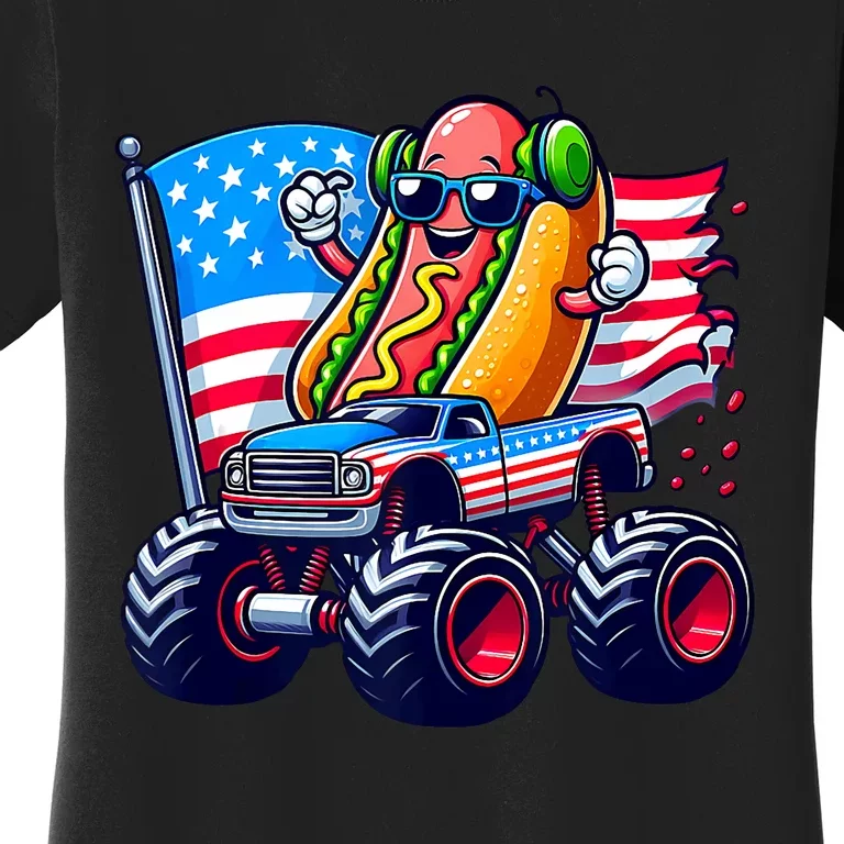 4th Of July Hotdog Sunglasses Monster Truck American Flag Women's T-Shirt