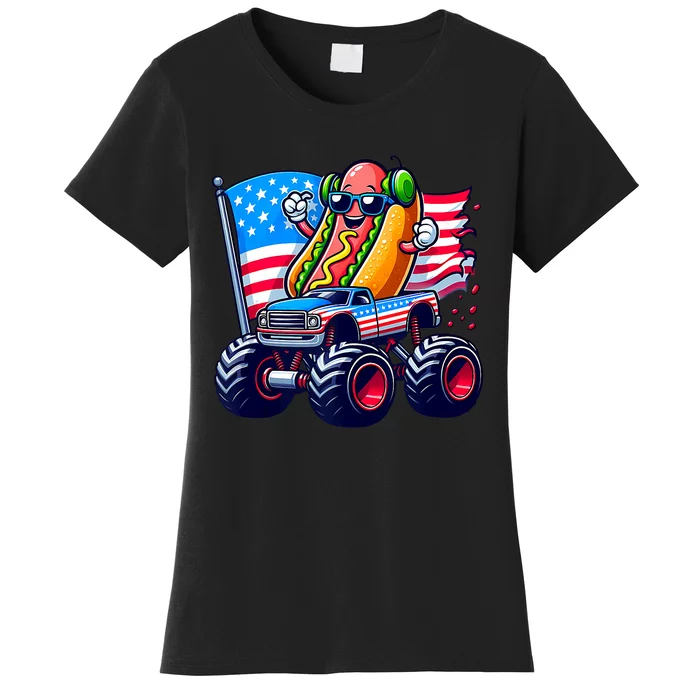 4th Of July Hotdog Sunglasses Monster Truck American Flag Women's T-Shirt