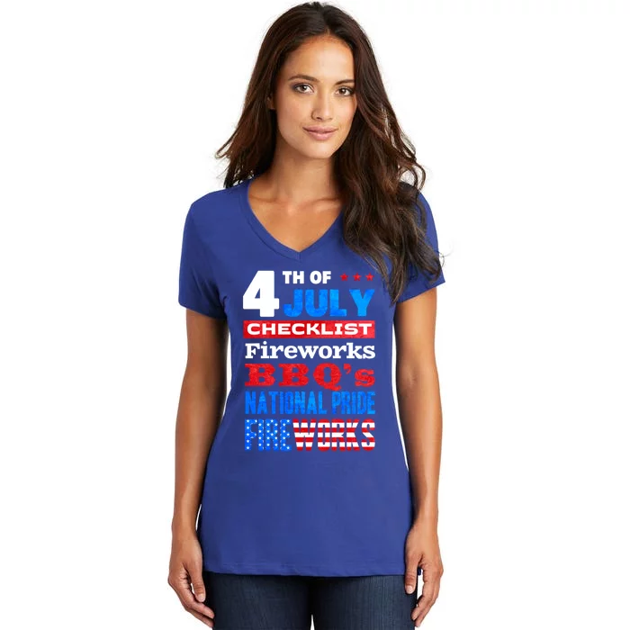 4th Of July Checklist Fireworks Bbqs National Pride Gift Women's V-Neck T-Shirt