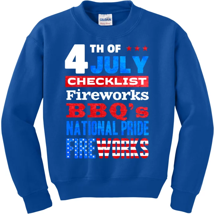 4th Of July Checklist Fireworks Bbqs National Pride Gift Kids Sweatshirt