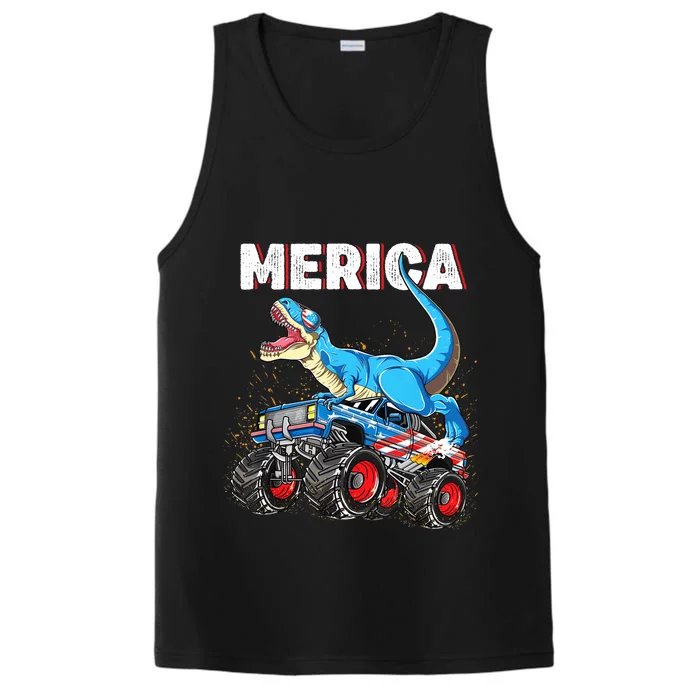 4th of July Boy Merica T rex Dinosaur Monster Truck Performance Tank