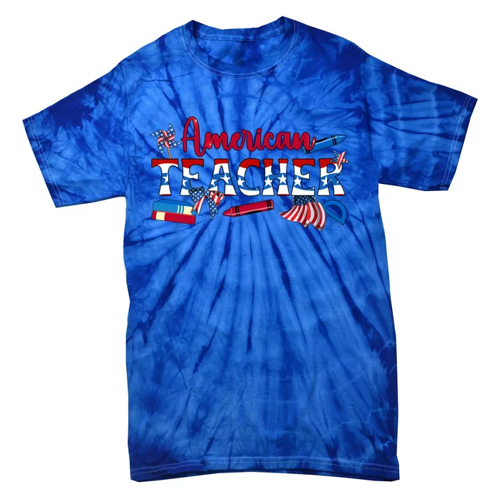 4th Of July American Teacher American Flag Teaching Gift Tie-Dye T-Shirt