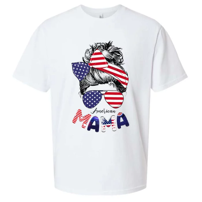 4th Of July American Mama Messy Bun Mom Life Patriotic Mom Sueded Cloud Jersey T-Shirt