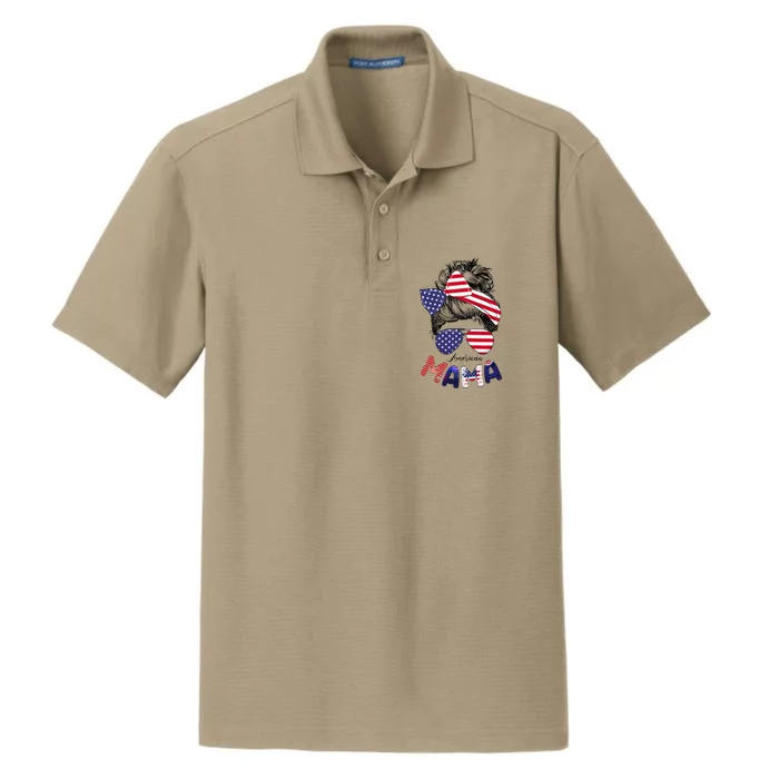 4th Of July American Mama Messy Bun Mom Life Patriotic Mom Dry Zone Grid Performance Polo