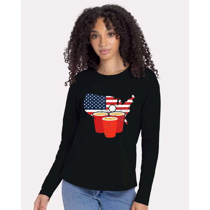 4th Of July I Beer Pong American Flag I College Party Womens Cotton Relaxed Long Sleeve T-Shirt