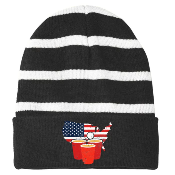 4th Of July I Beer Pong American Flag I College Party Striped Beanie with Solid Band