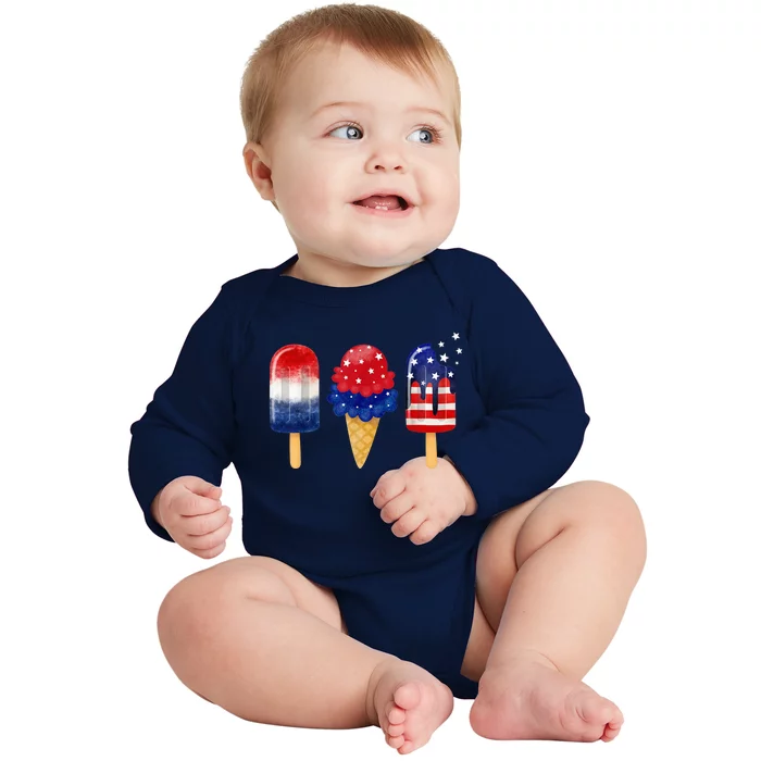 4th of July Popsicle American Flag Patriotic Summer Boy Girl Baby Long Sleeve Bodysuit