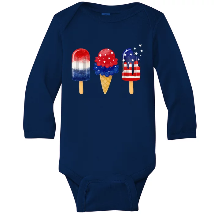 4th of July Popsicle American Flag Patriotic Summer Boy Girl Baby Long Sleeve Bodysuit