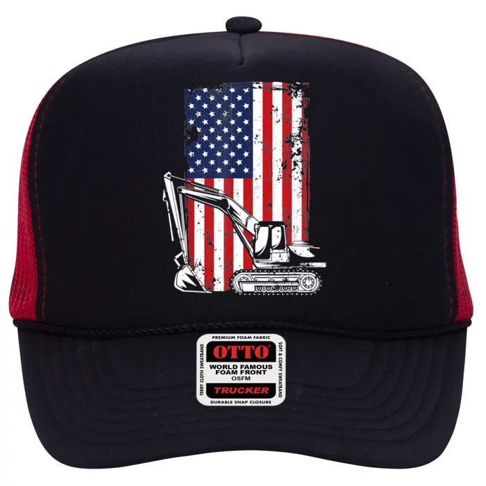 4th of July American Flag Construction Backhoe Excavator High Crown Mesh Trucker Hat