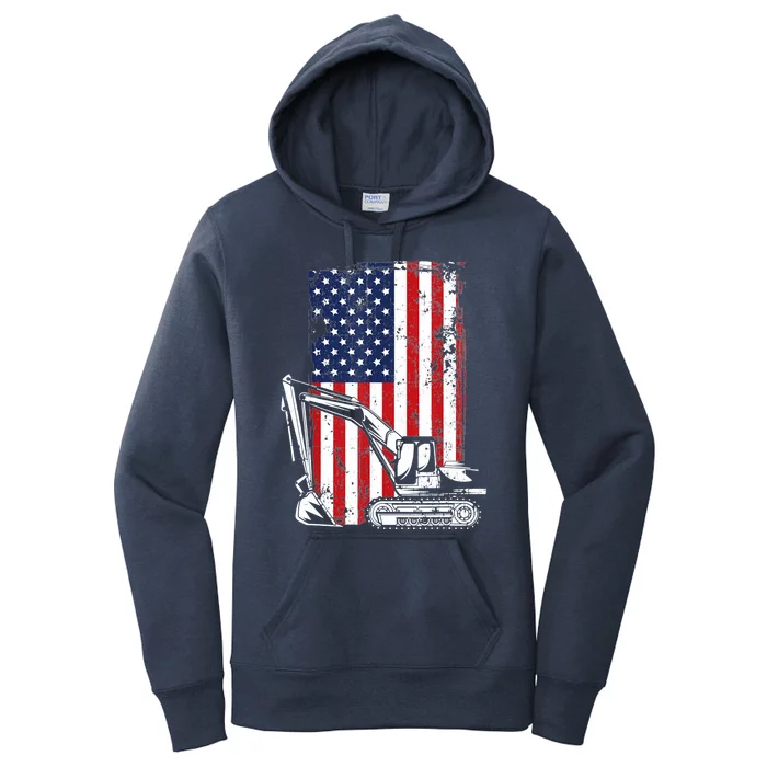 4th of July American Flag Construction Backhoe Excavator Women's Pullover Hoodie