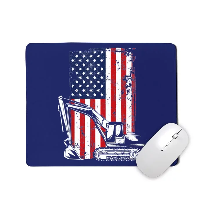 4th of July American Flag Construction Backhoe Excavator Mousepad