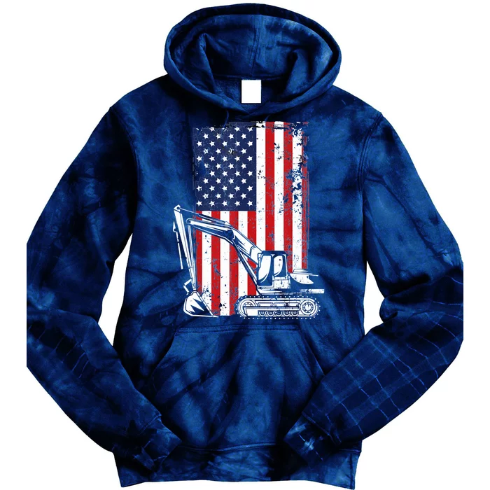 4th of July American Flag Construction Backhoe Excavator Tie Dye Hoodie