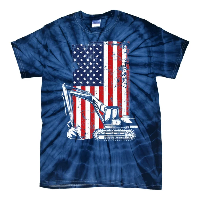 4th of July American Flag Construction Backhoe Excavator Tie-Dye T-Shirt