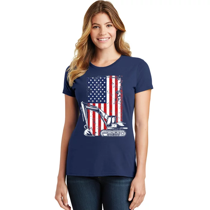 4th of July American Flag Construction Backhoe Excavator Women's T-Shirt