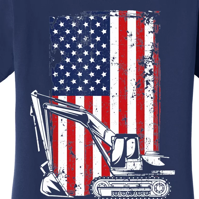 4th of July American Flag Construction Backhoe Excavator Women's T-Shirt