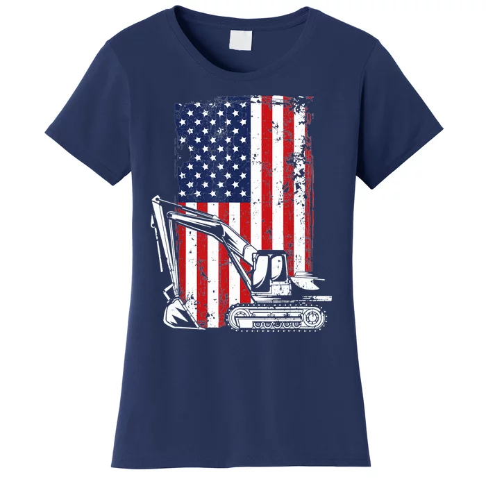 4th of July American Flag Construction Backhoe Excavator Women's T-Shirt