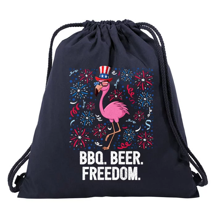 4th Of July Bbq Beer Freedom Flamingo Us Flag Patriotic Great Gift Drawstring Bag