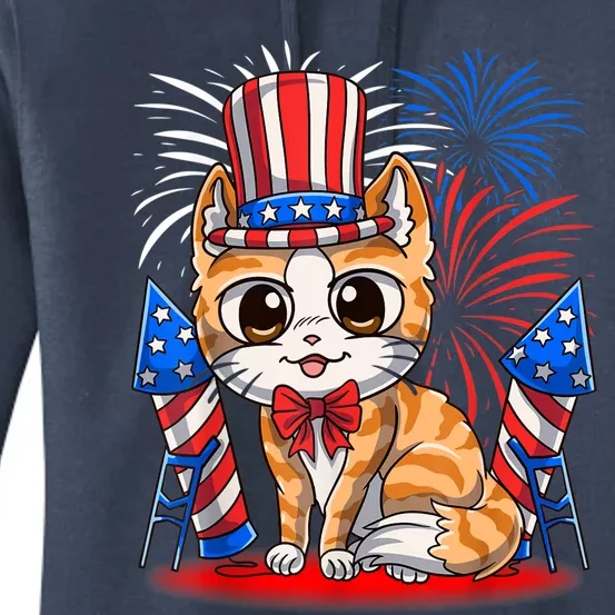 4th of July Patriotic Cat Funny American Flag Meowica Cute Women's Pullover Hoodie