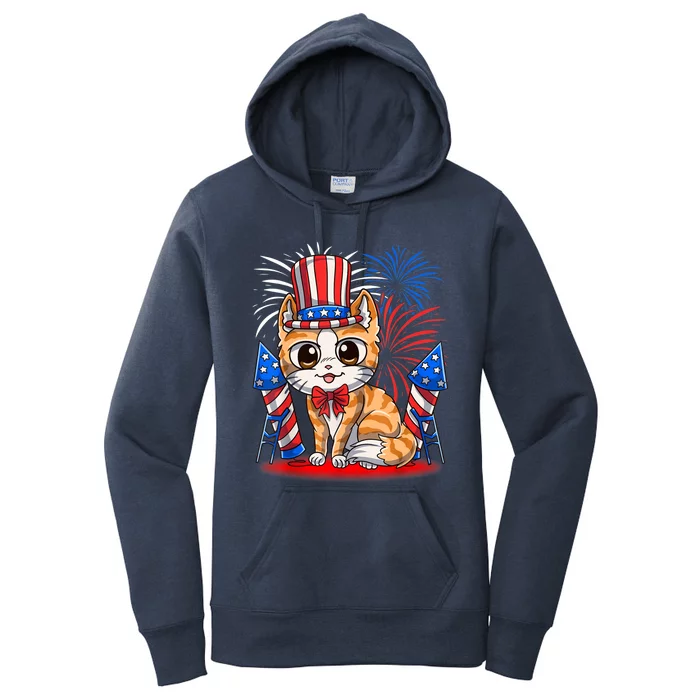 4th of July Patriotic Cat Funny American Flag Meowica Cute Women's Pullover Hoodie