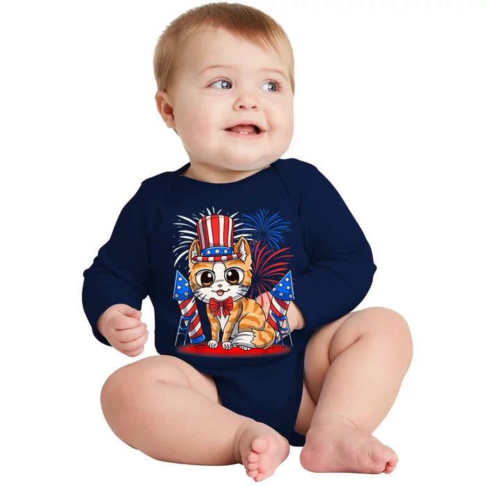 4th of July Patriotic Cat Funny American Flag Meowica Cute Baby Long Sleeve Bodysuit