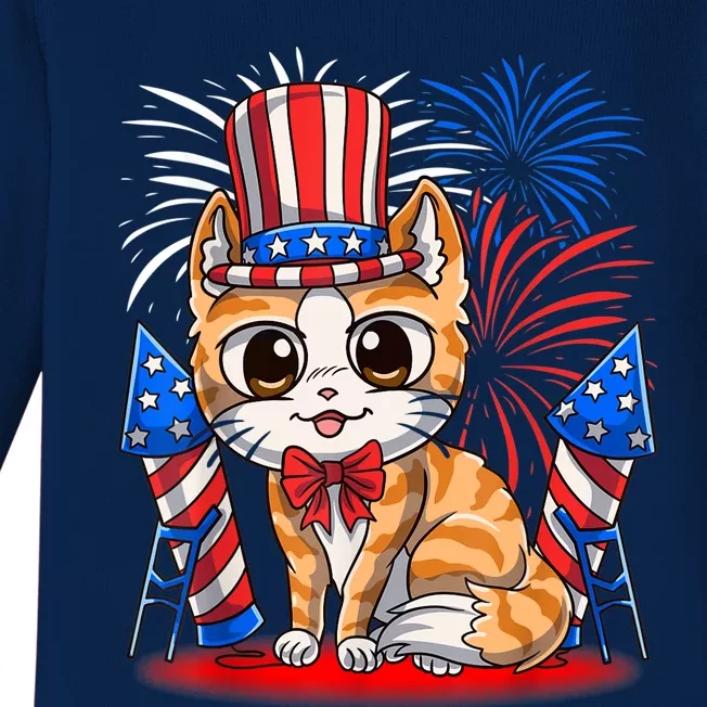 4th of July Patriotic Cat Funny American Flag Meowica Cute Baby Long Sleeve Bodysuit