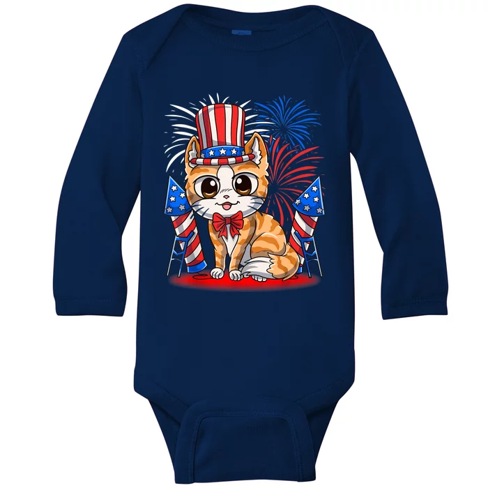 4th of July Patriotic Cat Funny American Flag Meowica Cute Baby Long Sleeve Bodysuit