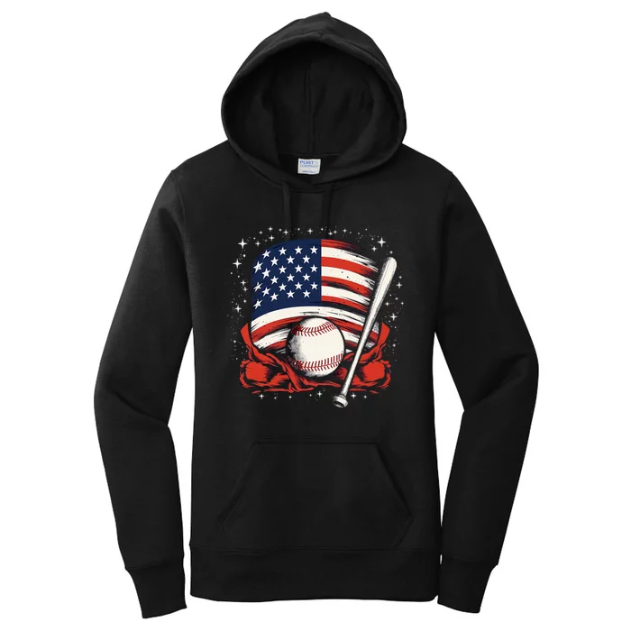 4th Of July Patriotic Baseball Usa American Flag Women's Pullover Hoodie