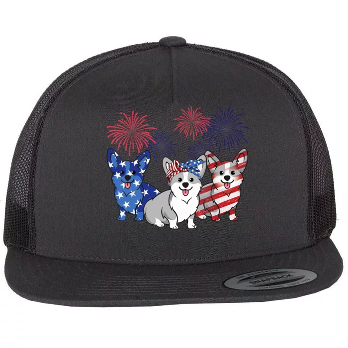 4th Of July American Flag Corgi Patriotic Dog Flat Bill Trucker Hat