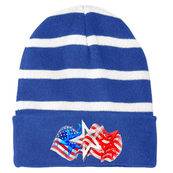 4th Of July Red White Blue Stars Stripes Flag Firework Striped Beanie with Solid Band