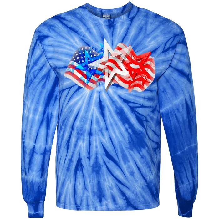 4th Of July Red White Blue Stars Stripes Flag Firework Tie-Dye Long Sleeve Shirt