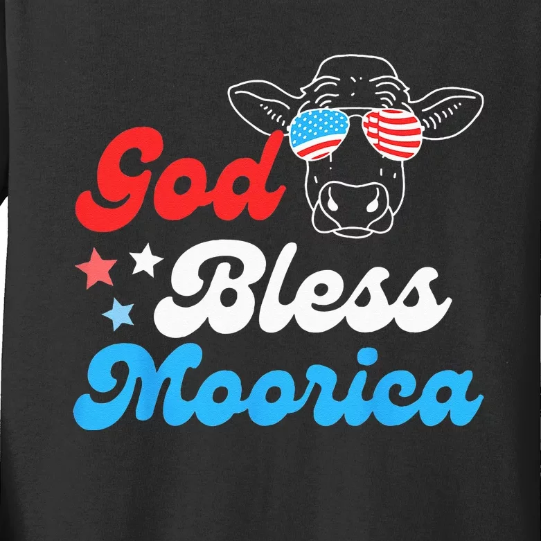 4th of July Cow With American Flag Glasses God Bless Moorica Kids Long Sleeve Shirt