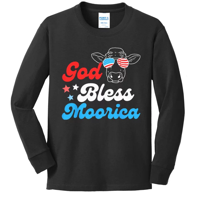 4th of July Cow With American Flag Glasses God Bless Moorica Kids Long Sleeve Shirt