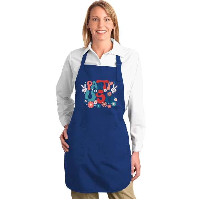 4th Of July Party Usa Flower Groovy Retro Gift Full-Length Apron With Pocket