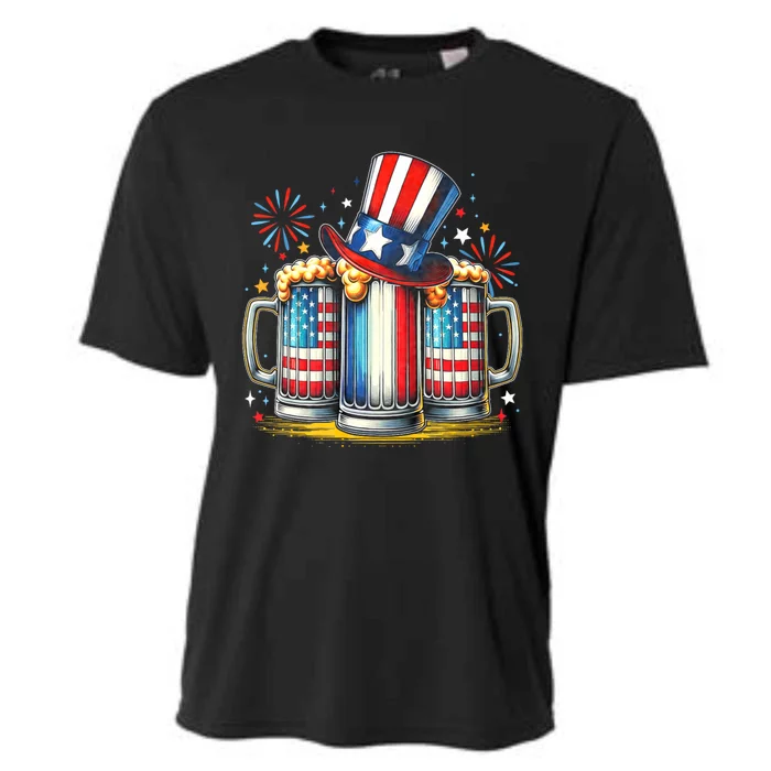 4th Of July For Beer American Flag Drinking Cooling Performance Crew T-Shirt