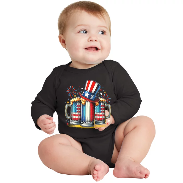 4th Of July For Beer American Flag Drinking Baby Long Sleeve Bodysuit