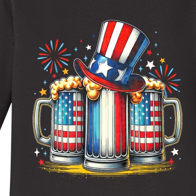 4th Of July For Beer American Flag Drinking Baby Long Sleeve Bodysuit