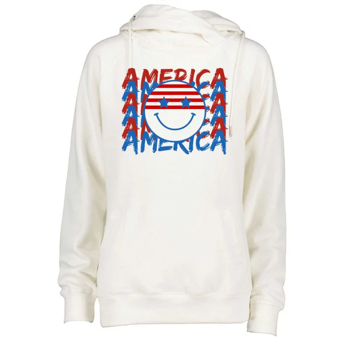 4th Of July Festive Holiday Smiley Face Womens Funnel Neck Pullover Hood