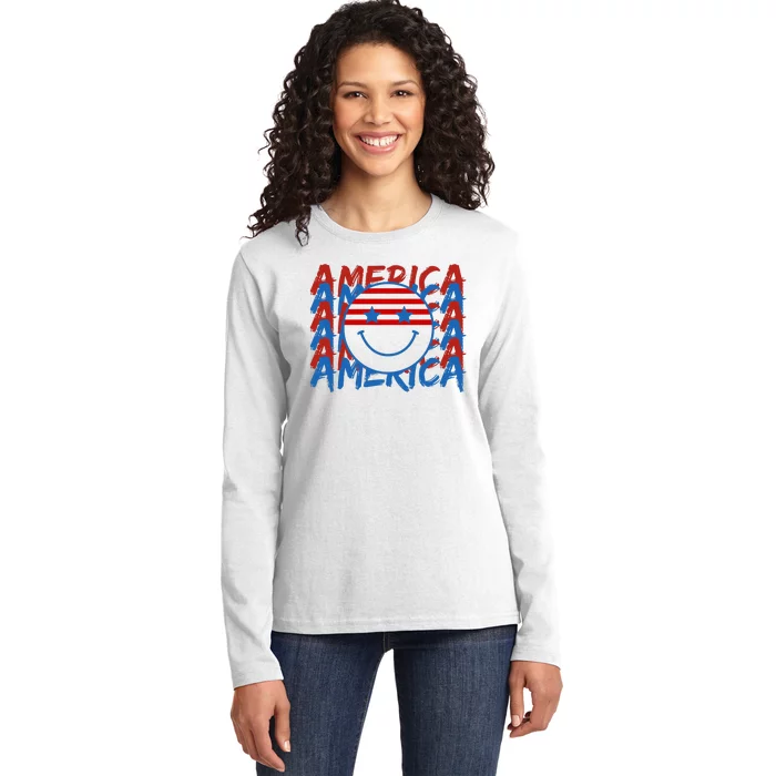 4th Of July Festive Holiday Smiley Face Ladies Long Sleeve Shirt