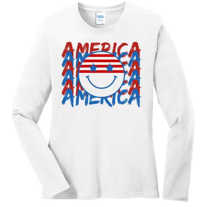 4th Of July Festive Holiday Smiley Face Ladies Long Sleeve Shirt