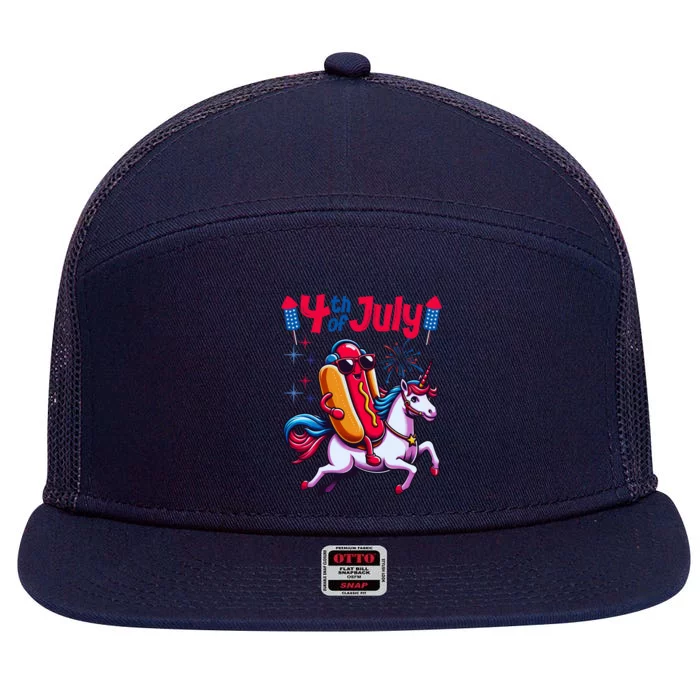 4th Of July Hotdog Unicorn Patriotic American Flag Great Gift 7 Panel Mesh Trucker Snapback Hat